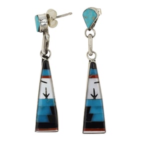 Zuni Turquoise Coral Acoma Jet & Mother of Pearl Inlay Earrings