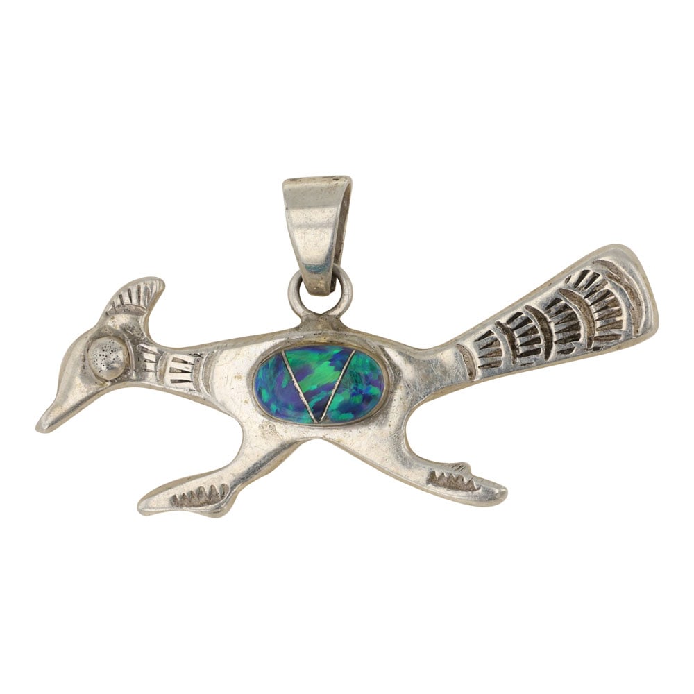 Navajo Synthetic Opal Roadrunner Pendant: Sterling Silver | Synthetic Opal | Navajo Synthetic Opal Roadrunner Pendant | Navajo Native American Southwest Indian Jewelry | Good (no breaks or damages) | Approximate Weight: 4 Grams | Pendant: 1"