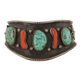 Wilson Padilla Vintage Nevada Turquoise & Mediterranean Coral Cuff Bracelet