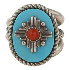 Navajo Turquoise & Coral Zia Symbol Adjustable Ring