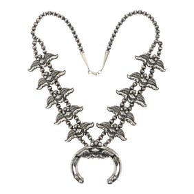 Navajo Plain Silver Bump out & Leaf Work Squash Blossom Necklace