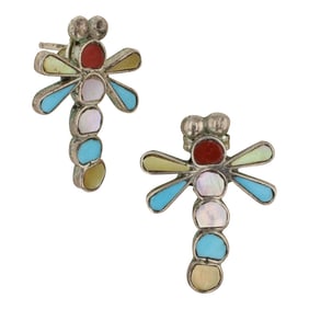 Zuni Turquoise Coral & Shell Inlay Dragonfly Earrings