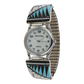Zuni Turquoise Coral Mother of Pearl & Acoma Jet Inlay Watch Bracelet