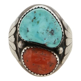 Navajo Turquoise & Coral Men's Ring