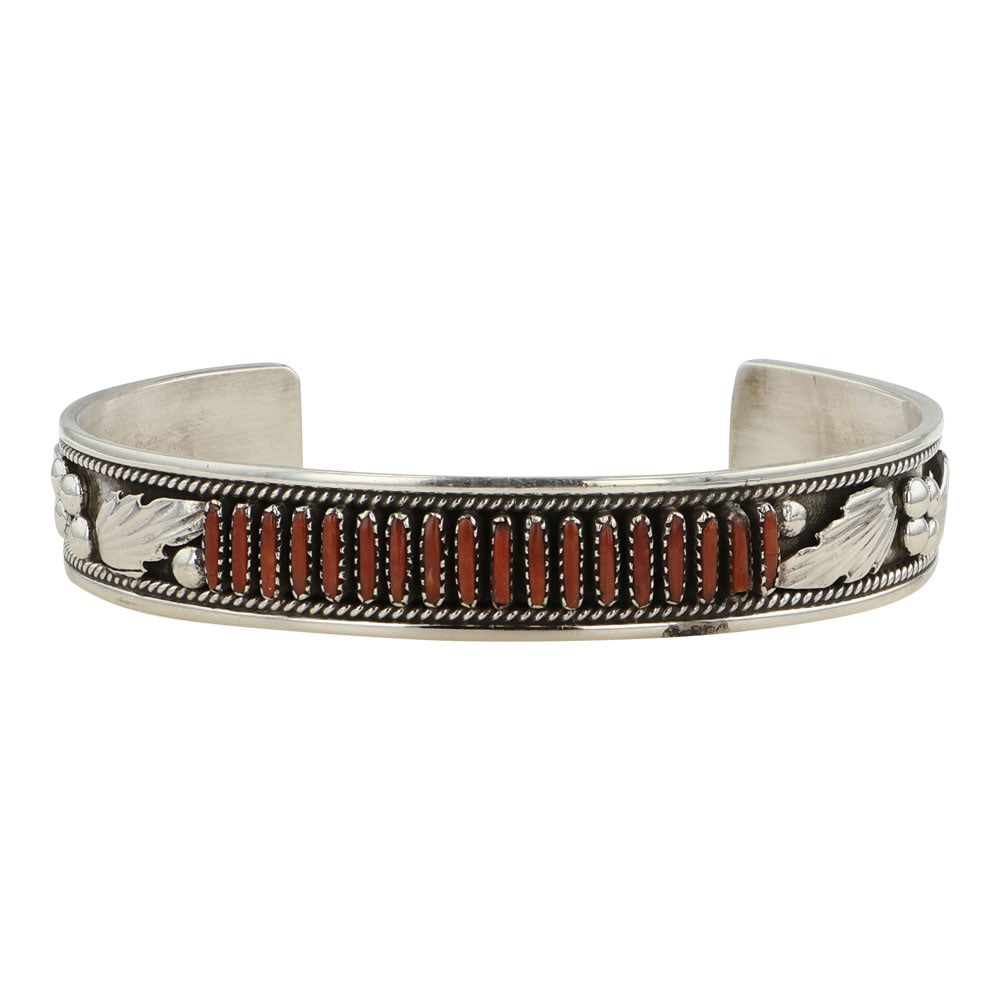 Dave & Celia Nieto Zuni Mediterranean Coral Needlepoint Cuff Bracelet: Sterling Silver | Genuine Mediterranean Coral | Dave & Celia Nieto Zuni Mediterranean Coral Needlepoint Cuff Bracelet | Zuni Native American Southwest Indian Jewelry | Good (no breaks or damages) | Ap