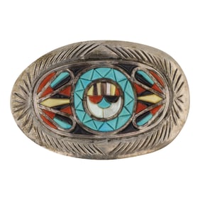 Valentino & Matilda Banteah Zuni Turquoise Coral Mother of Pearl & Shell Inlay Belt Buckle