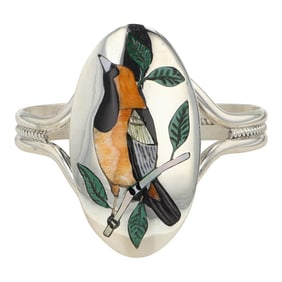 Quentin Quam Award Winning Zuni Artist Spiny Oyster Malachite & Mother of Pearl Inlay Bracelet