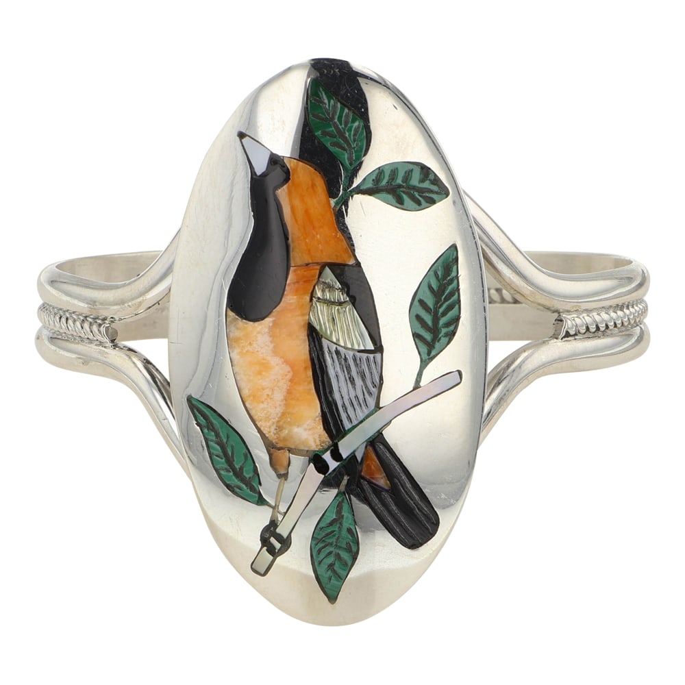 Quentin Quam Award Winning Zuni Artist Spiny Oyster Malachite & Mother of Pearl Inlay Bracelet: Sterling Silver | Genuine Spiny Oyster, Malachite, Mother of Pearl & Acoma Jet | Quentin Quam Award Winning Zuni Artist Spiny Oyster Malachite & Mother of Pearl Inlay Bracelet | Zuni Native American S