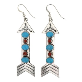 Carol Wyllie Navajo Turquoise & Coral Arrow Earrings