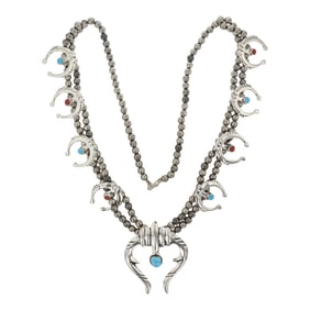 Navajo Sandcast Turquoise & Coral Naja Design Squash Blossom Necklace
