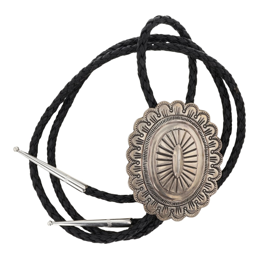 Navajo Plain Silver Stamp-Work Bolo Tie: Sterling Silver | | Navajo Plain Silver Stamp-Work Bolo Tie | Navajo Native American Southwest Indian Jewelry | Good (no breaks or damages) | Approximate Weight: 35 Grams | Bolo Tie: 19" length, 2" x 