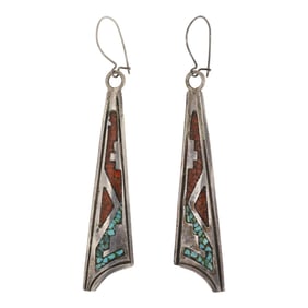 Vintage Navajo Turquoise & Coral Chip Inlay Earrings
