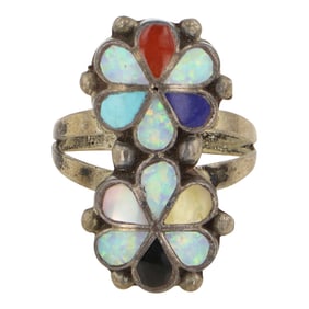 Zuni Turquoise Coral Shell & Synthetic Opal Inlay Ring