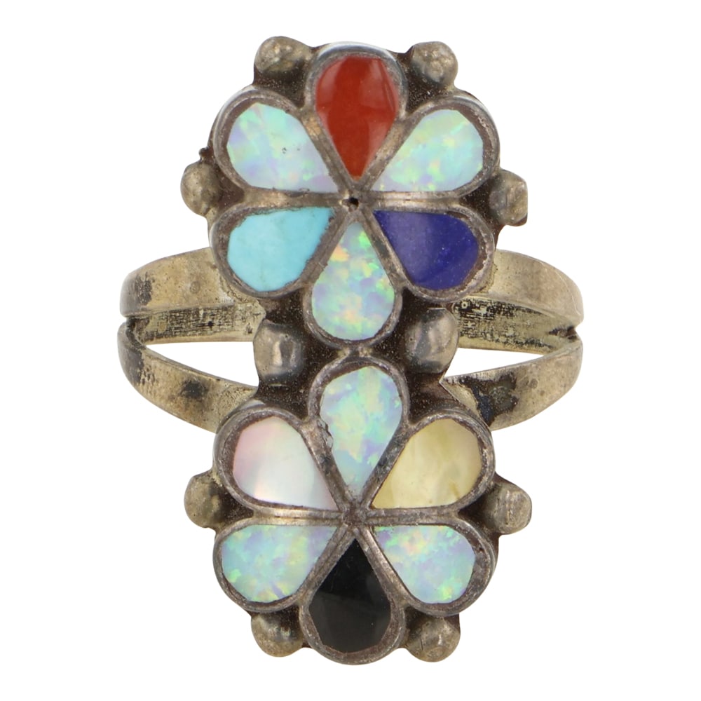 Zuni Turquoise Coral Shell & Synthetic Opal Inlay Ring (1 of 3)