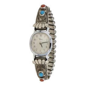Vintage Navajo Turquoise & Coral Watch Bracelet