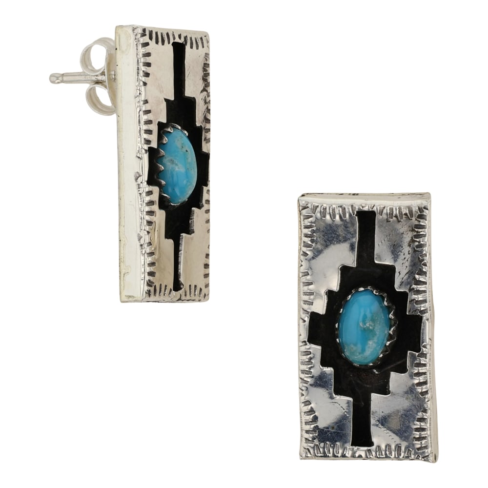 Navajo Compitos Turquoise Shadowbox Earrings: Sterling Silver | Genuine Compitos Turquoise | Navajo Compitos Turquoise Shadowbox Earrings | Navajo Native American Southwest Indian Jewelry | Good (no breaks or damages) | Approximate Weight: 3 Gram