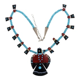 Santo Domingo Pueblo Turquoise Coral Acoma Jet & Shell Thunderbird Necklace