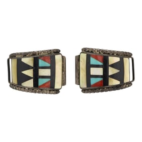 Vintage Zuni Turquoise Coral Acoma Jet & Shell Inlay Watch Tips