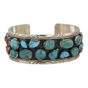 Navajo Turquoise & Coral Cuff Bracelet