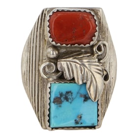 Vintage Navajo Turquoise & Coral Men's Ring