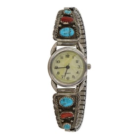 Vintage Navajo Turquoise & Coral Watch Bracelet