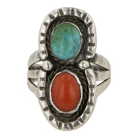 Vintage Navajo Turquoise & Coral Ring