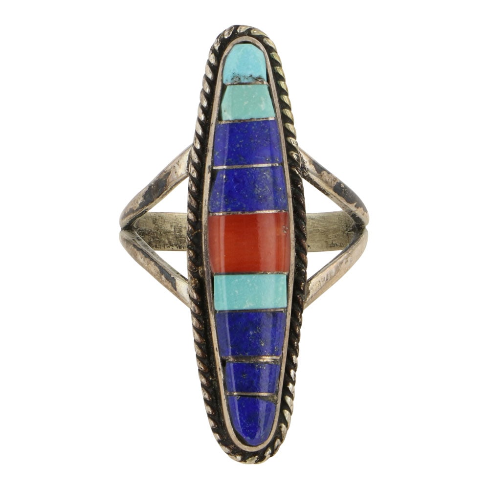 Navajo Turquoise Coral & Lapis Inlay Ring (1 of 3)