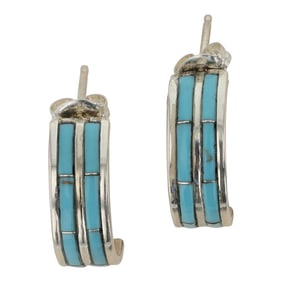 Zuni Kingman Turquoise Inlay Hoop Earrings