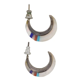Vintage Zuni Turquoise Coral Lapis & Shell Inlay Hoop Earrings