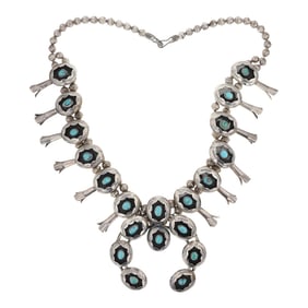 Vintage Navajo Nevada Turquoise Shadowbox Squash Blossom Necklace