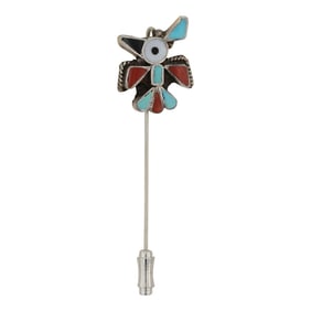 Zuni Turquoise Coral Acoma Jet & Shell Inlay Pin
