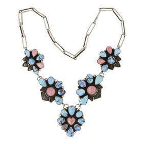 Navajo Golden Hills Turquoise & Pink Conch Cluster Necklace