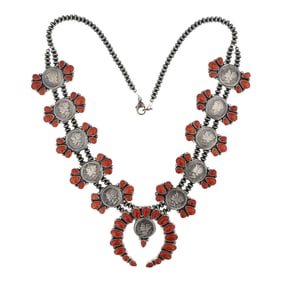 Betty Tom Navajo Mediterranean Coral & Mercury Diems Squash Blossom Necklace