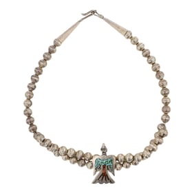 Vintage Navajo Turquoise & Coral Chip Inlay Peyote Bird Choker Necklace