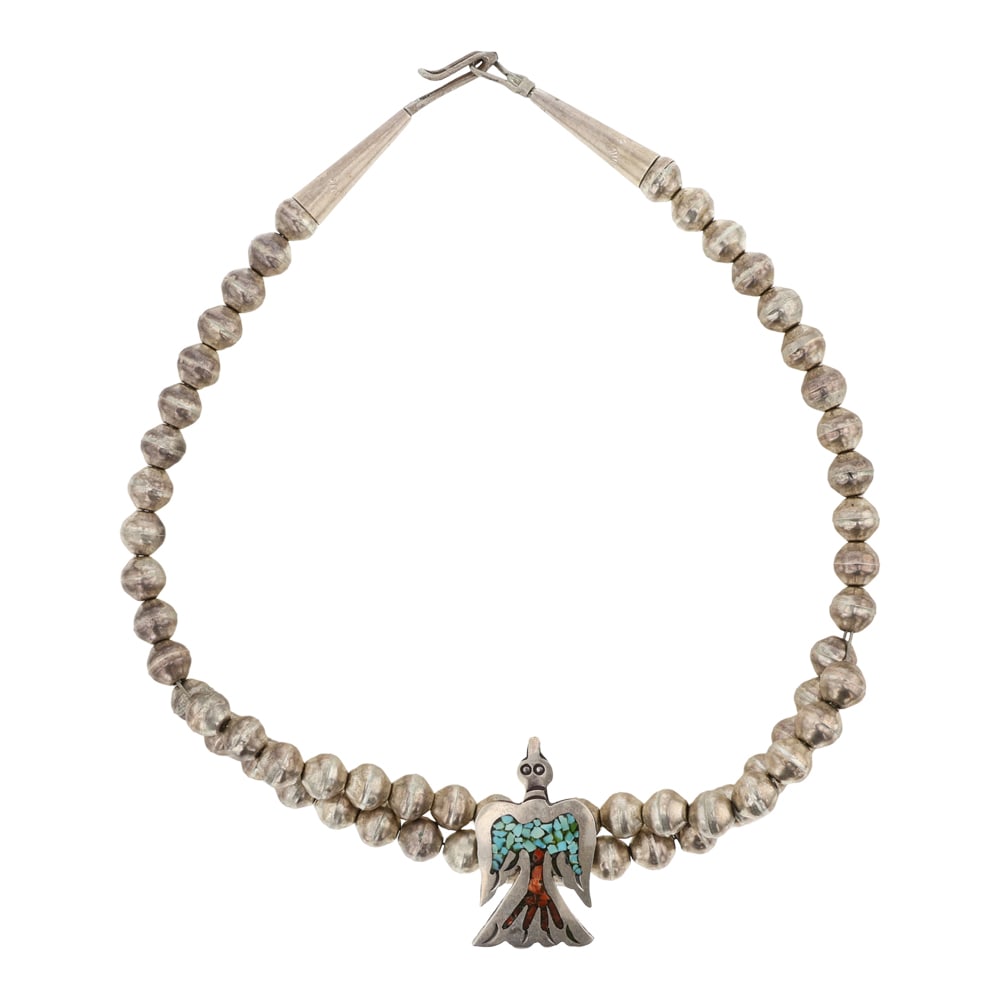 Vintage Navajo Turquoise & Coral Chip Inlay Peyote Bird Choker Necklace: Sterling Silver | Genuine Turquoise & Coral | Vintage Navajo Turquoise & Coral Chip Inlay Peyote Bird Choker Necklace | Navajo Native American Southwest Indian Jewelry | Good (no breaks or damages) |