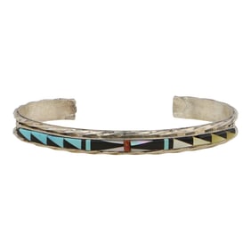 Bowannie "SHEWE" Zuni Turquoise Coral Mother of Pearl & Acoma Jet inlay Bracelet