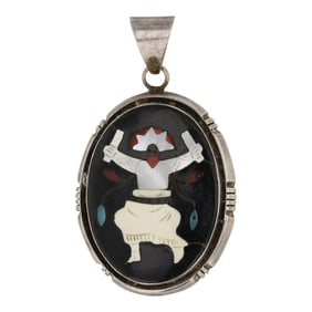 Zuni Turquoise Coral Mother of Pearl & Acoma Jet Inlay Pendant