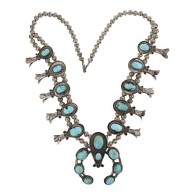 Vintage Navajo Nevada Turquoise Squash Blossom Necklace