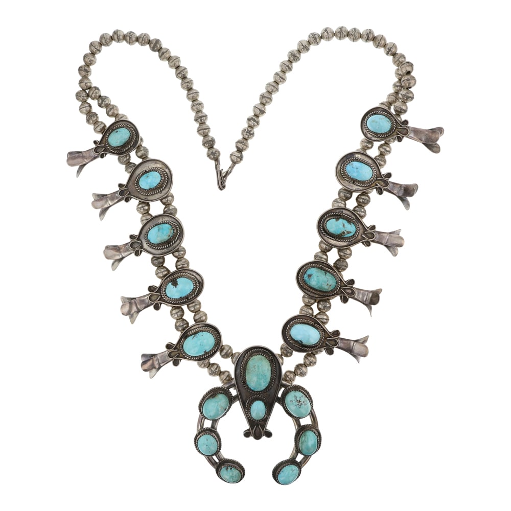 Vintage Navajo Nevada Turquoise Squash Blossom Necklace: Sterling Silver | Genuine Nevada Turquoise | Vintage Navajo Nevada Turquoise Squash Blossom Necklace | Navajo Native American Southwest Indian Jewelry | Good (no breaks or damages) | Approximate Weigh