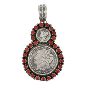 Betty Tom Navajo Mediterranean Coral Morgan Dollar & Mercury Dime Pendant