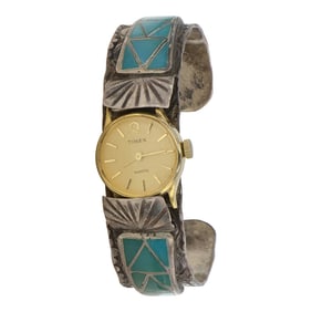 Vintage Zuni Kingman Turquoise Inlay Watch Bracelet