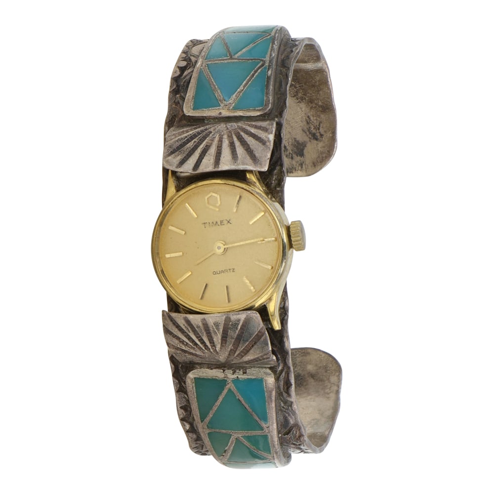 Vintage Zuni Kingman Turquoise Inlay Watch Bracelet (1 of 3)