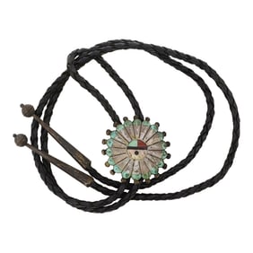 Vintage Zuni Turquoise Coral & Shell Inlay Bolo Tie