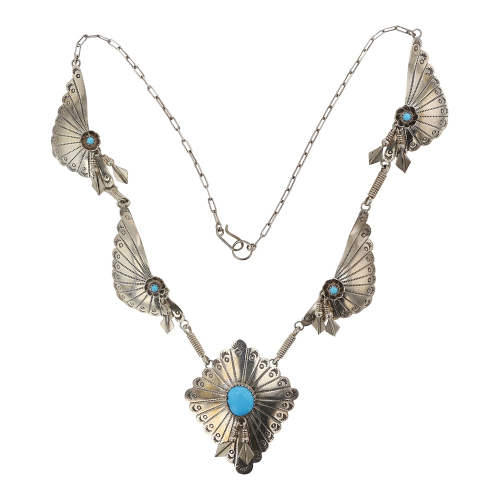 Dennison John Navajo Kingman Turquoise Necklace: Sterling Silver | Genuine Kingman Turquoise | Dennison John Navajo Kingman Turquoise Necklace | Navajo Native American Southwest Indian Jewelry | Good (no breaks or damages) | Approximate Weight: 34 G