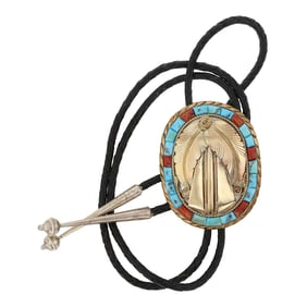 Navajo Turquoise & Coral Sterling Silver & Gold Filled Bolo Tie