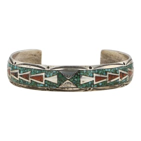 Vintage Navajo Turquoise & Coral Chip Inlay Bracelet