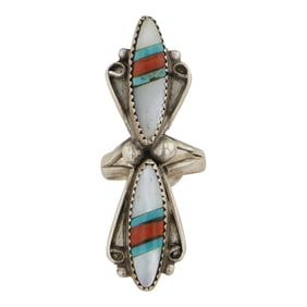 Vintage Zuni Turquoise Coral & Mother of Pearl Ring