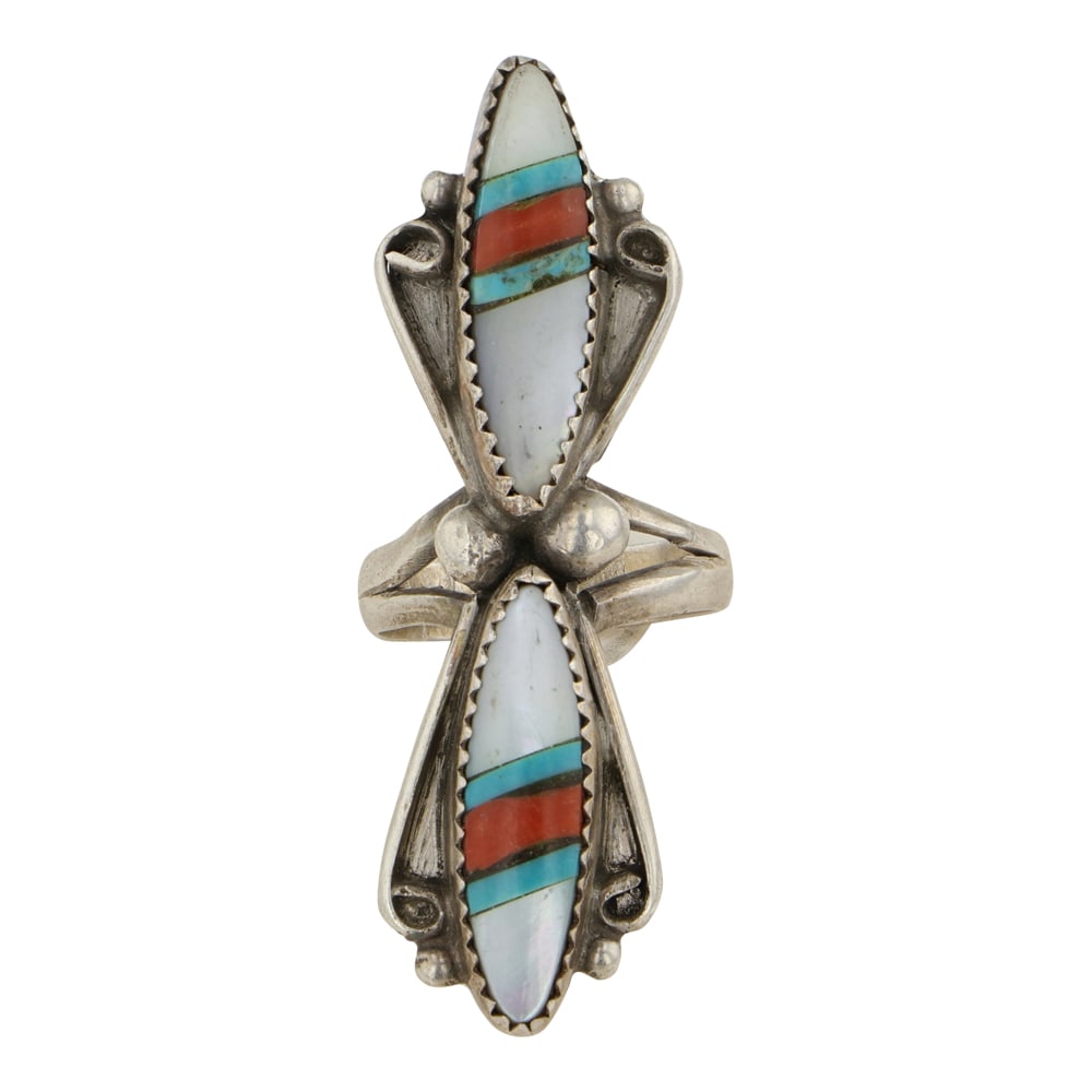 Vintage Zuni Turquoise Coral & Mother of Pearl Ring: Sterling Silver | Genuine Turquoise, Coral, & Mother of Pearl | Vintage Zuni Turquoise Coral & Mother of Pearl Ring | Zuni Native American Southwest Indian Jewelry | Good (no breaks or damages) | Appr