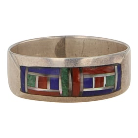 Navajo Turquoise Coral Lapis & Malachite Inlay Ring