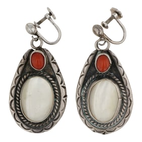 Vintage Navajo Mother of Pearl & Coral Earrings